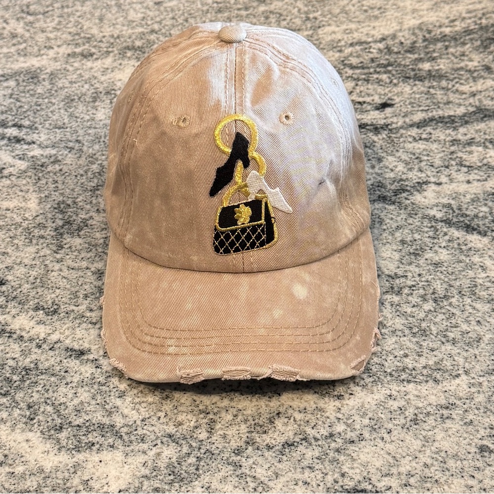 New Custom Designed Tan Distressed Baseball Cap with Embroidered Handbag & Heels